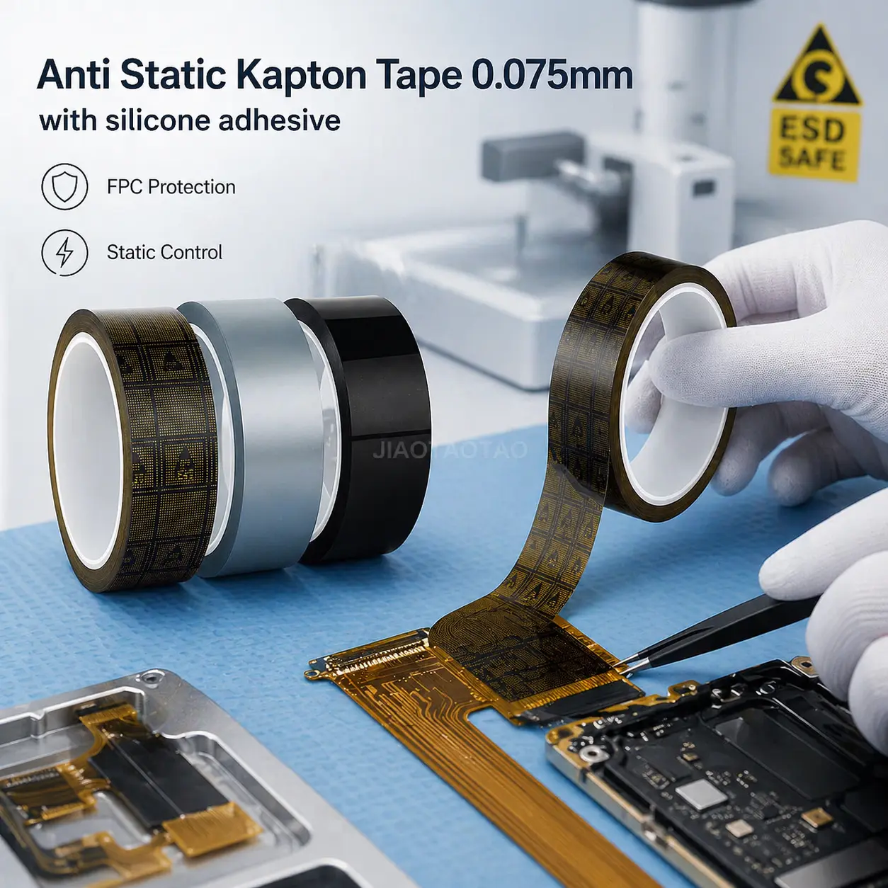 JIAOTAOTAO anti static Kapton tape with OEM slitting and industrial bulk supply.